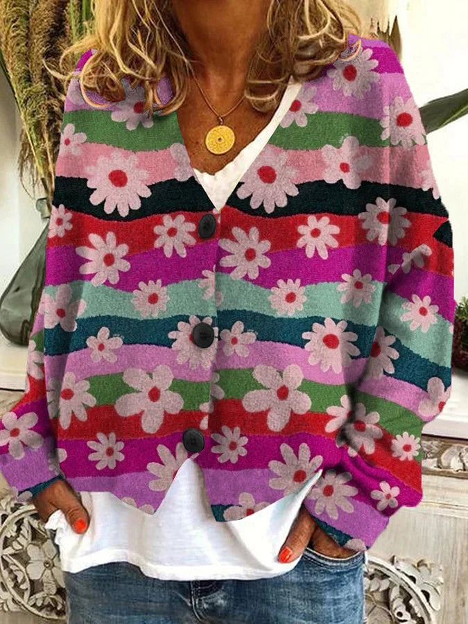 Casual V-Neck Cardigan with Colorful Floral Pattern for Women
