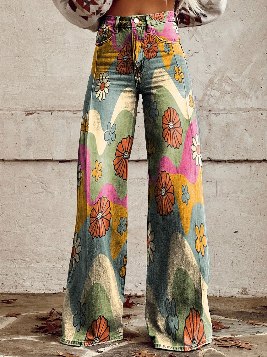 Pantalon femme large imprimé floral taille haute