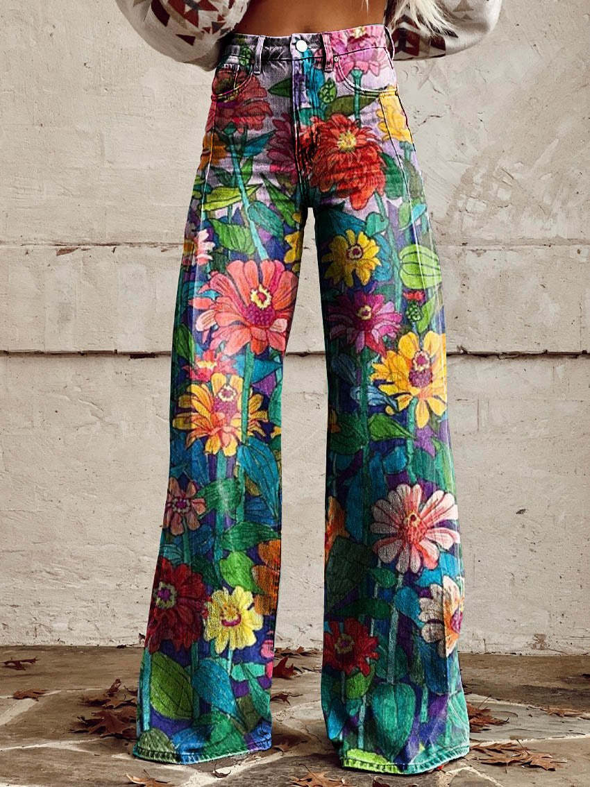 Pantalon femme large imprimé floral taille haute