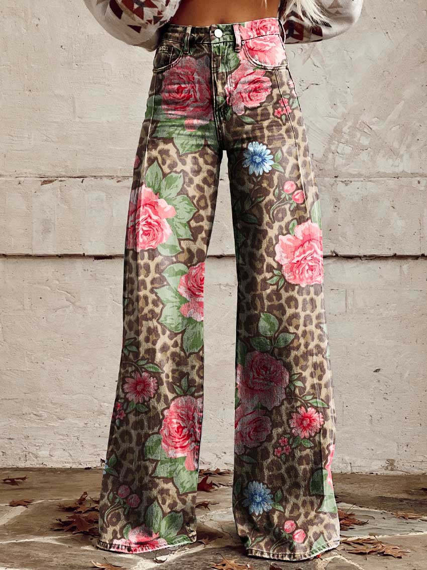 Pantalon femme large imprimé floral taille haute
