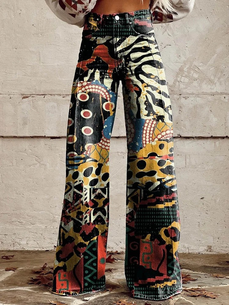 Pantalon femme large imprimé floral taille haute