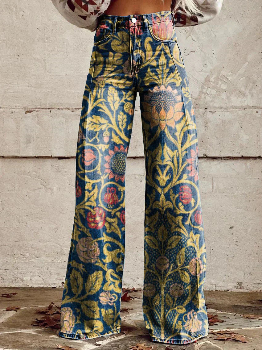 Pantalon femme large imprimé floral taille haute