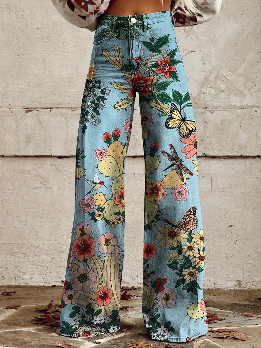 Pantalon femme large imprimé floral taille haute