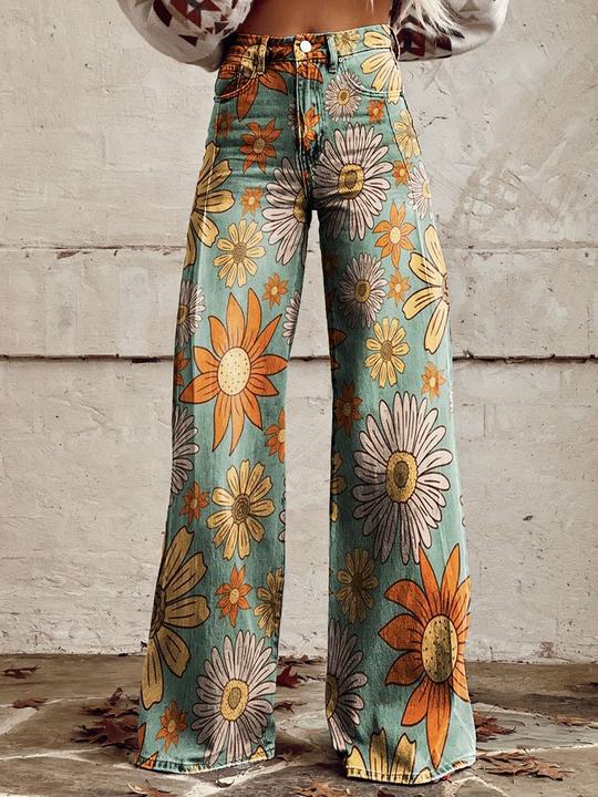 Pantalon femme large imprimé floral taille haute