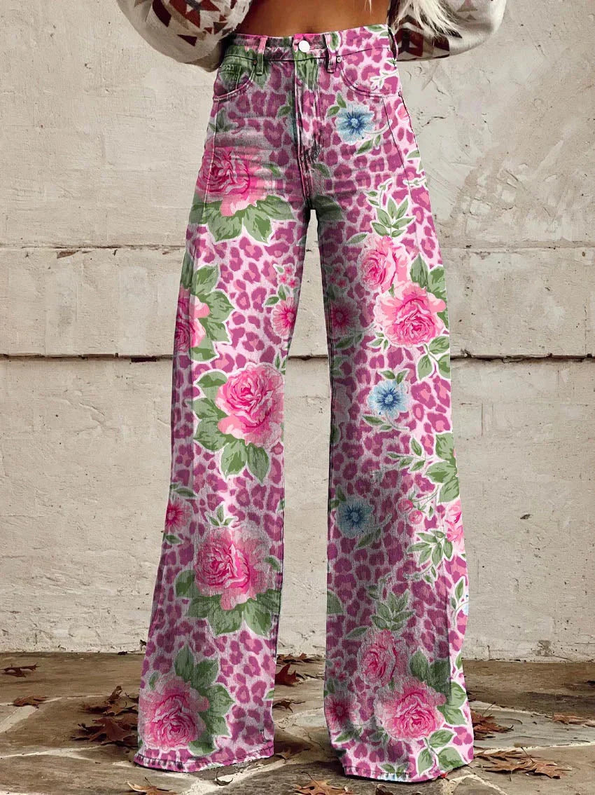 Pantalon femme large imprimé floral taille haute