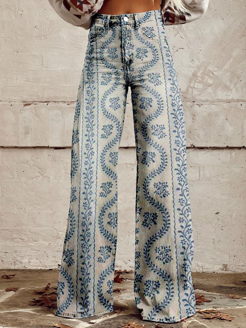 Pantalon femme large imprimé floral taille haute