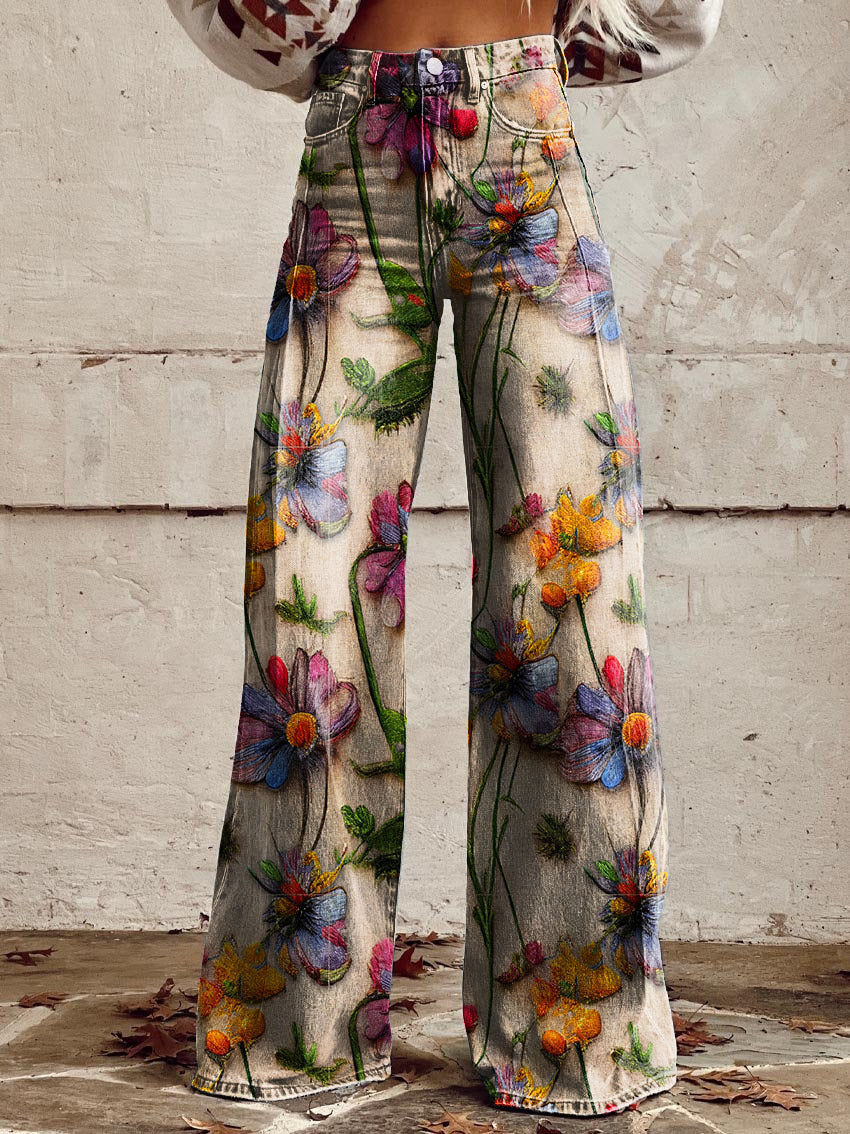 Pantalon femme large imprimé floral taille haute