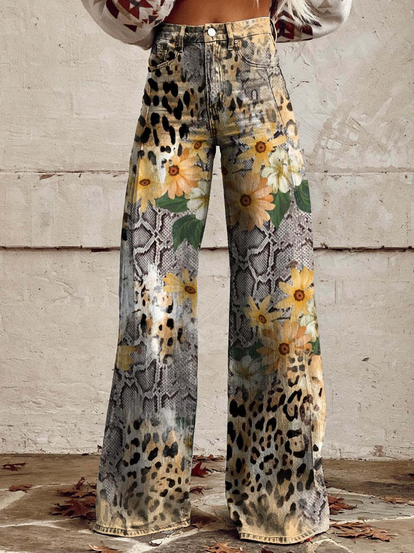 Pantalon femme large imprimé floral taille haute