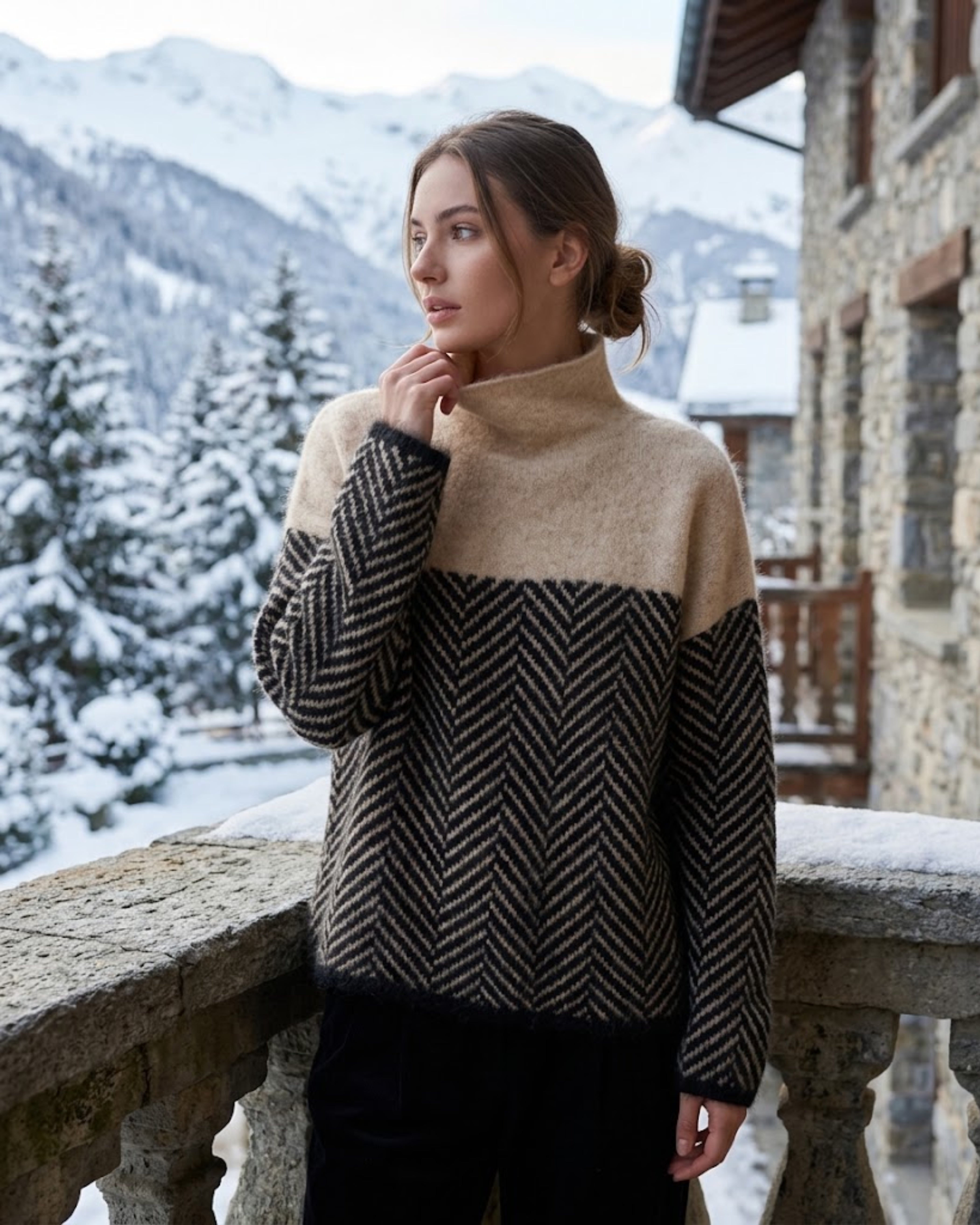Women's Turtleneck Sweater with Chevron and Color-Block Pattern