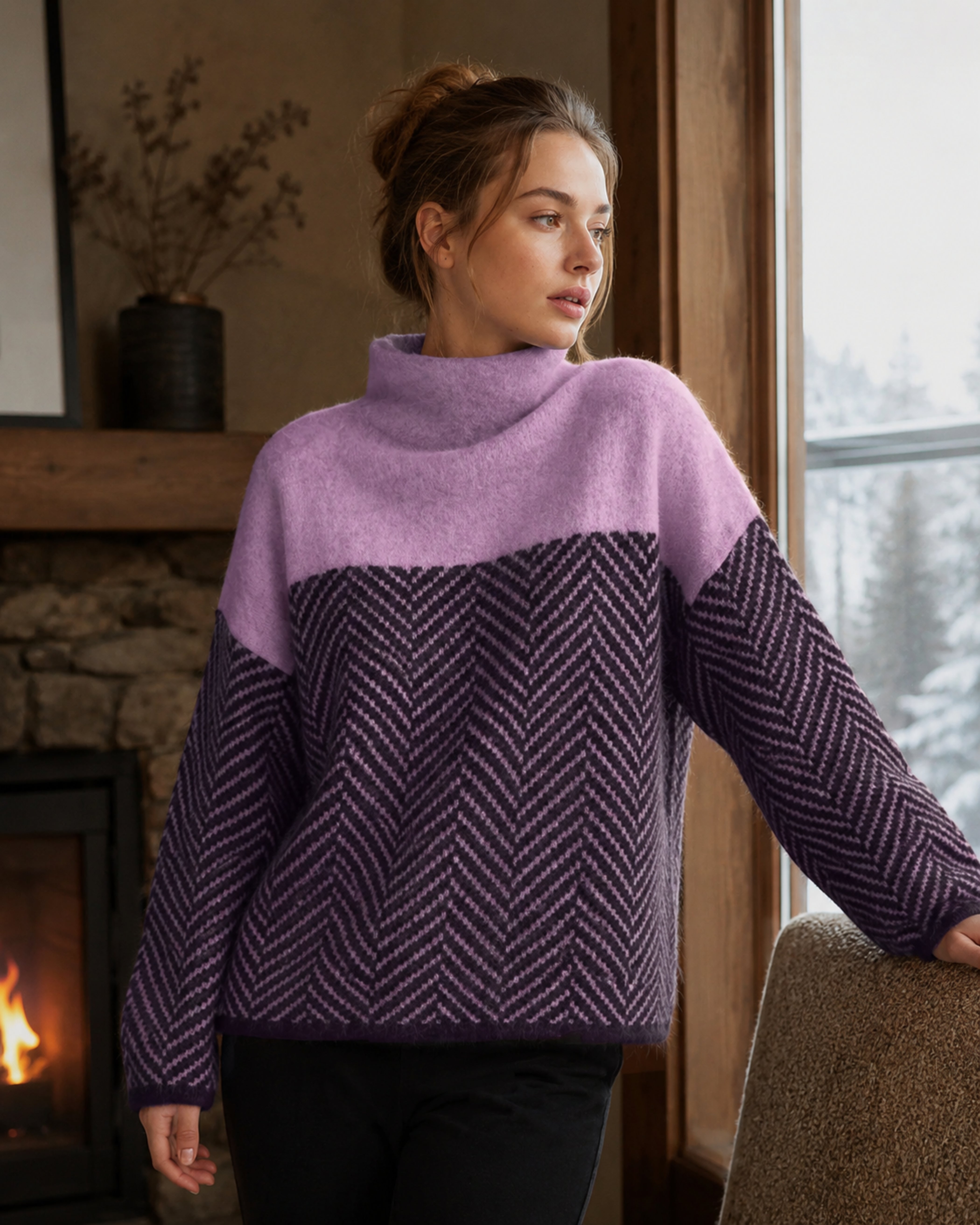 Women's Turtleneck Sweater with Chevron and Color-Block Pattern
