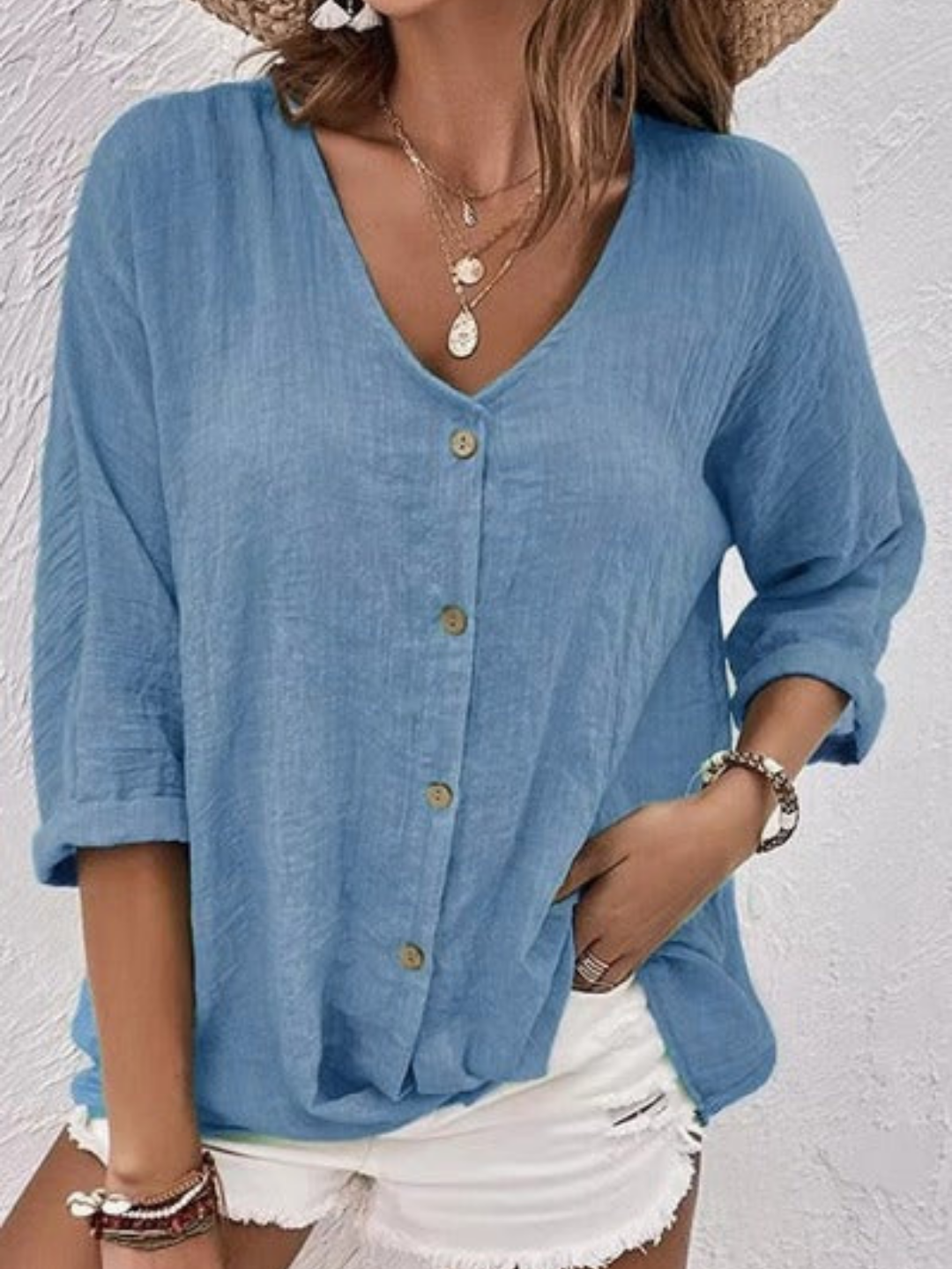 Blouse Femme Décontractée à Col V Boutonné avec Manches Retroussées