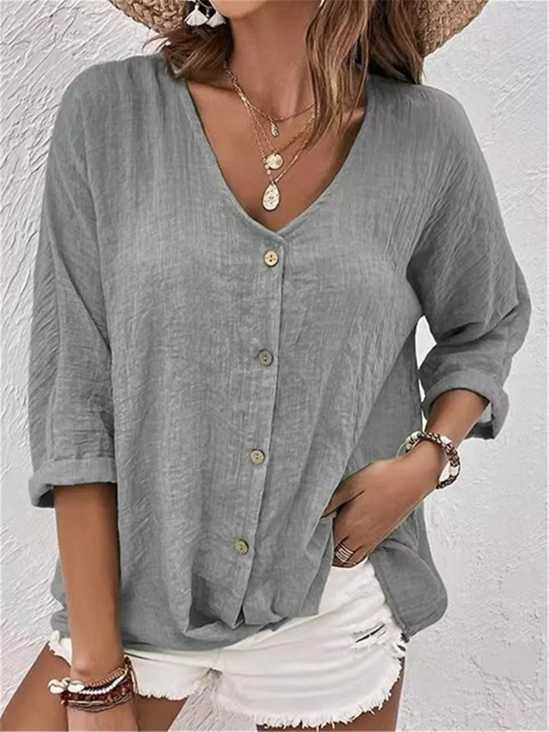 Blouse Femme Décontractée à Col V Boutonné avec Manches Retroussées