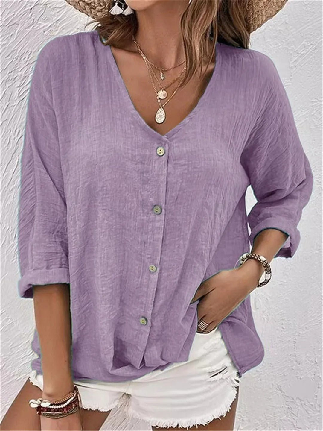 Blouse Femme Décontractée à Col V Boutonné avec Manches Retroussées