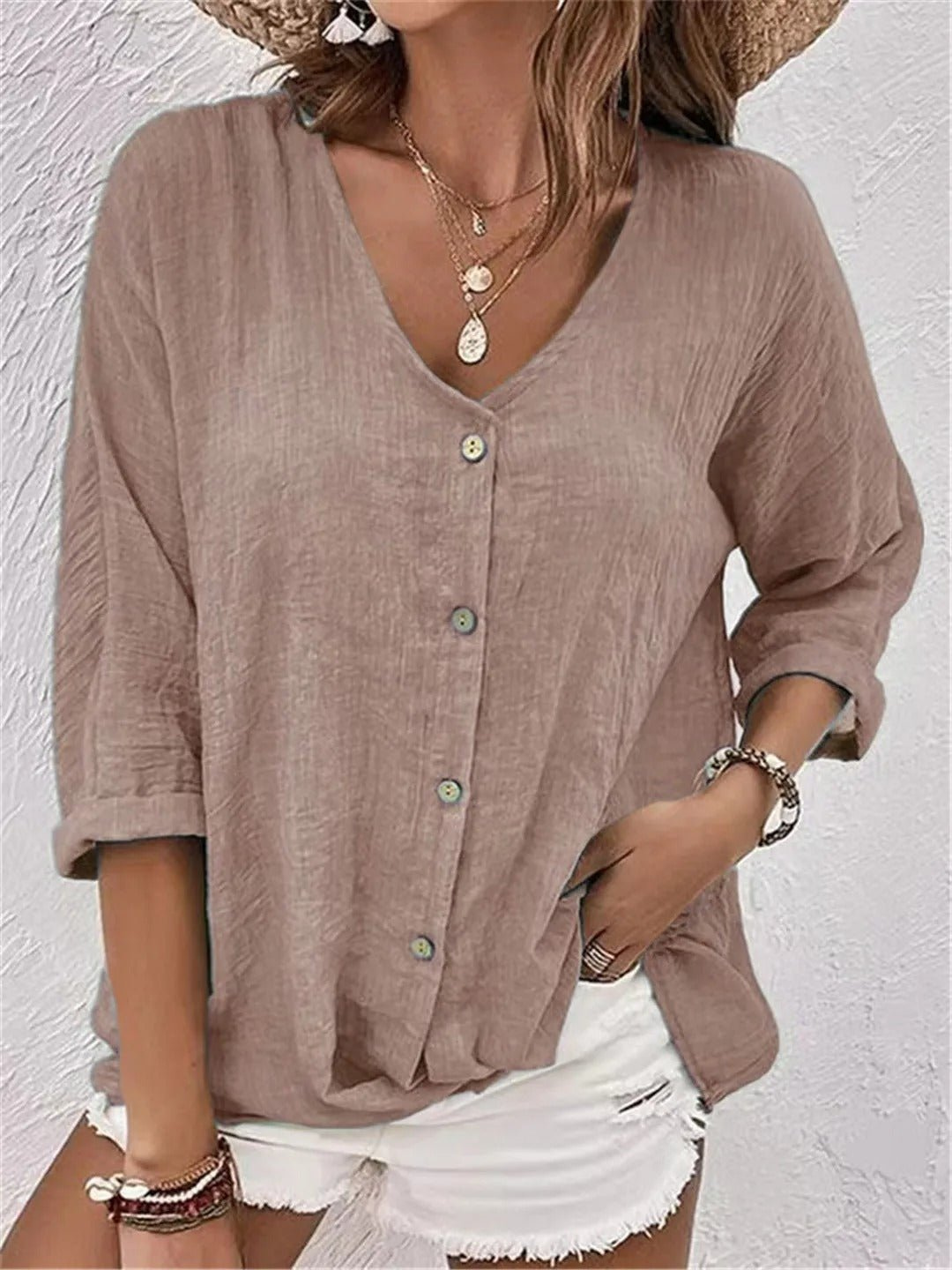 Blouse Femme Décontractée à Col V Boutonné avec Manches Retroussées