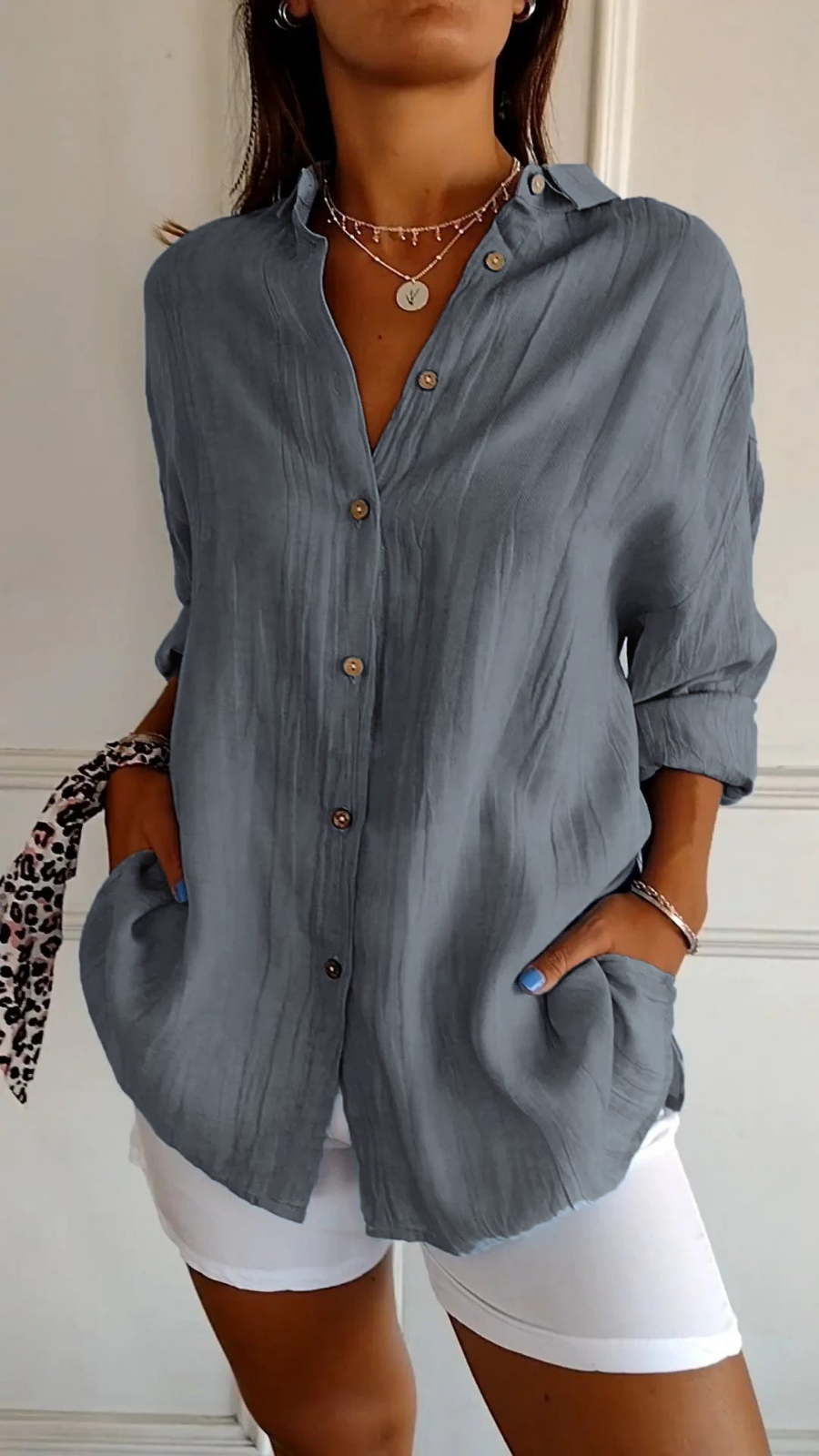 Chemise à col boutonné décontractée pour femme, coupe oversize