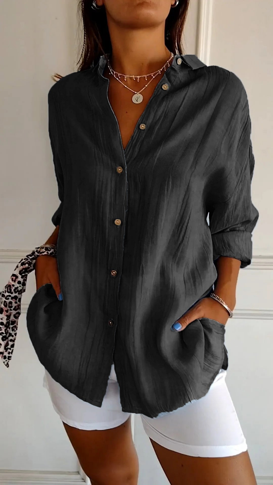 Chemise à col boutonné décontractée pour femme, coupe oversize