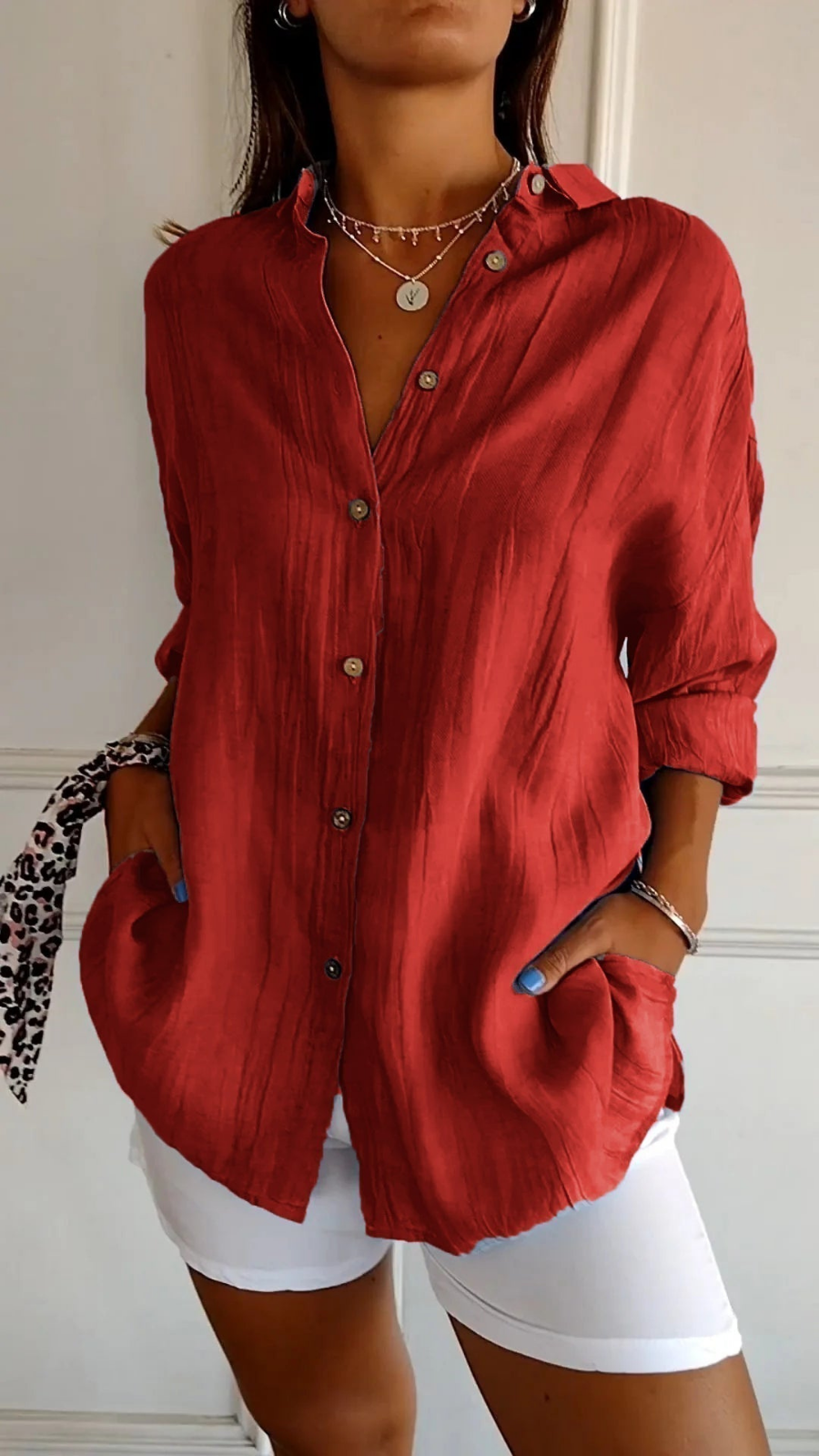 Chemise à col boutonné décontractée pour femme, coupe oversize