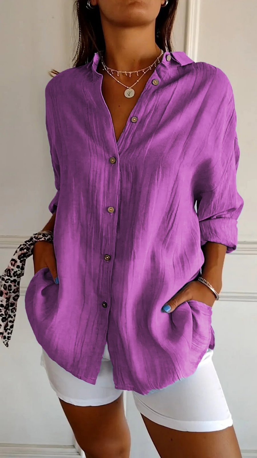 Chemise à col boutonné décontractée pour femme, coupe oversize