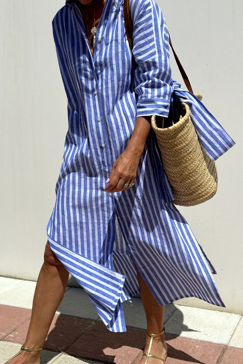 Women's striped linen midi dress with shirt collar