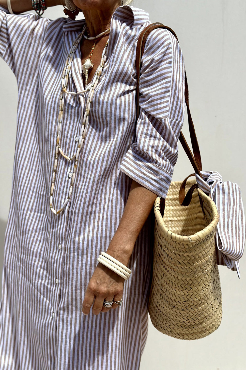 Women's striped linen midi dress with shirt collar