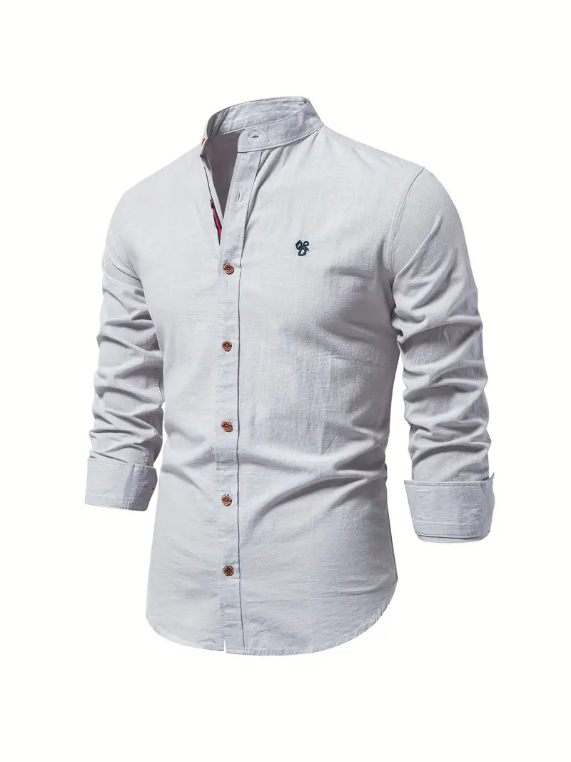 Slim-Fit Casual Long-Sleeve Mao Collar Shirt for Men