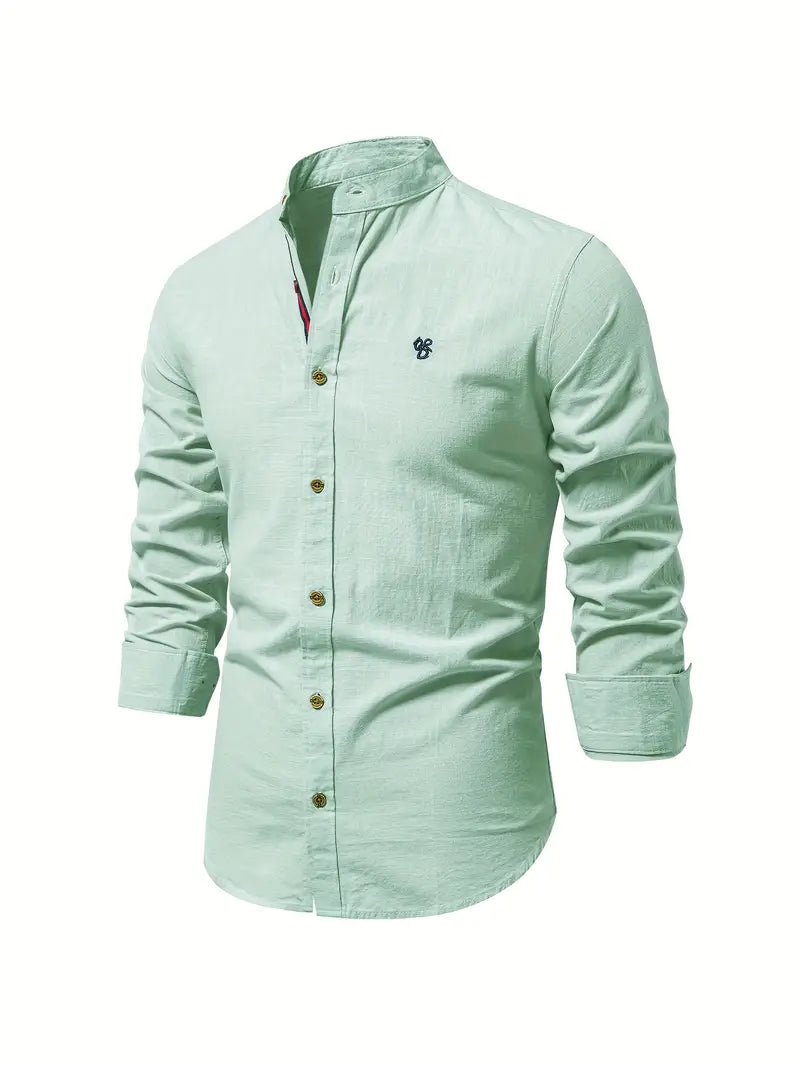 Slim-Fit Casual Long-Sleeve Mao Collar Shirt for Men