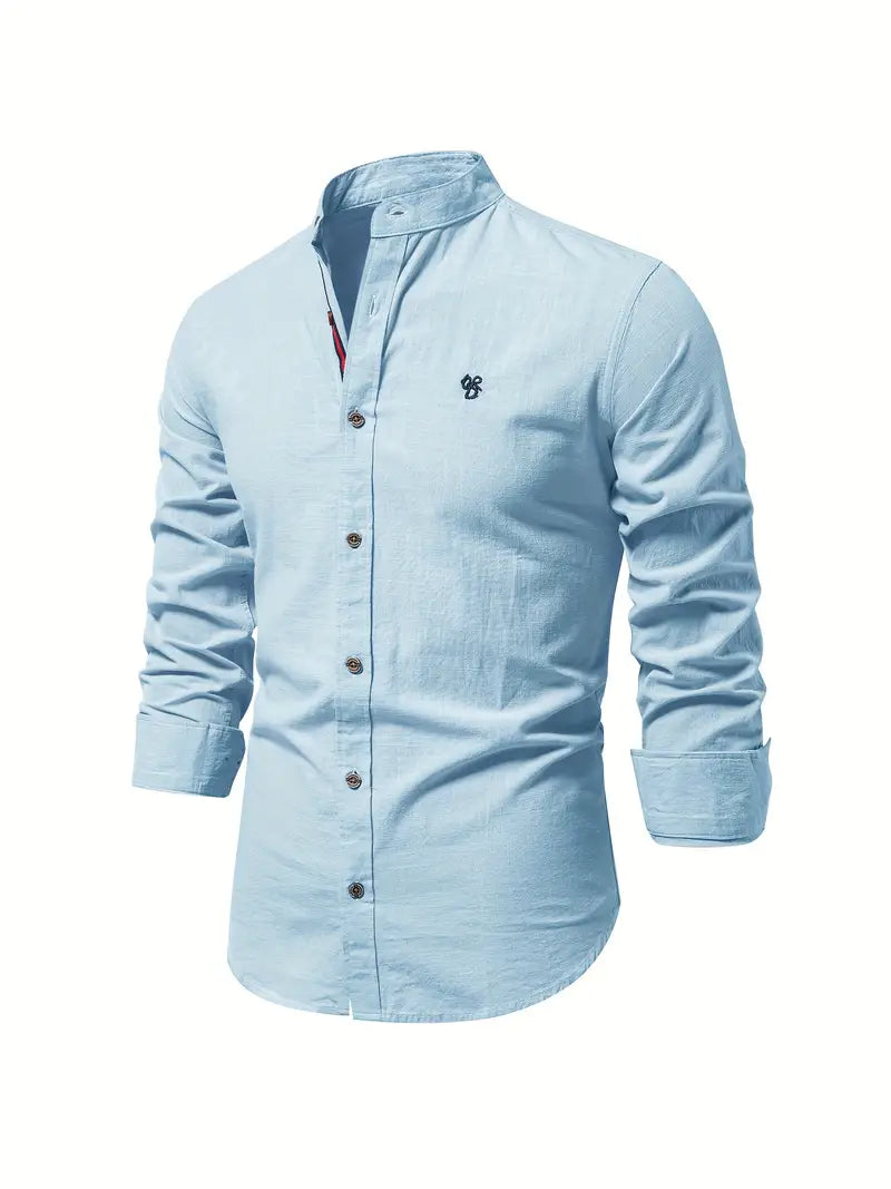 Slim-Fit Casual Long-Sleeve Mao Collar Shirt for Men