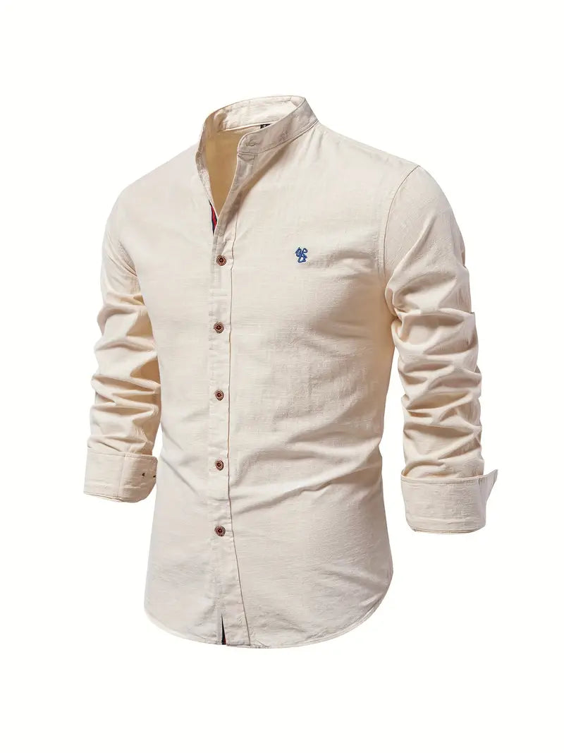 Slim-Fit Casual Long-Sleeve Mao Collar Shirt for Men