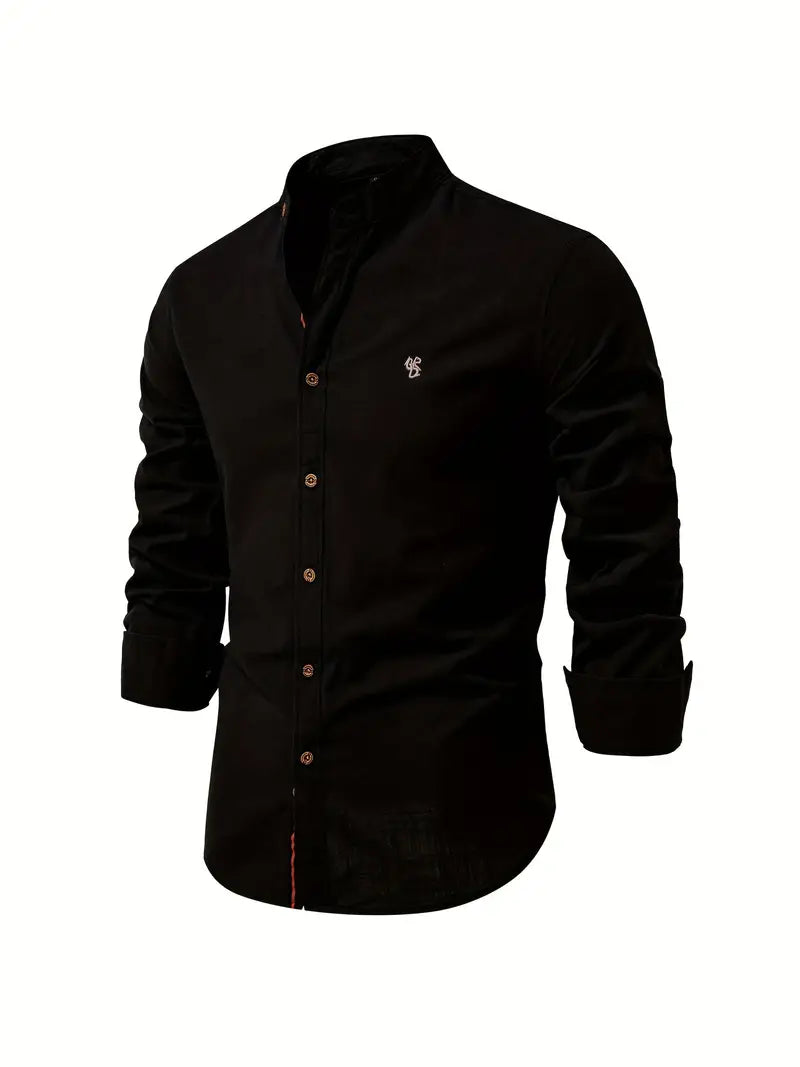 Slim-Fit Casual Long-Sleeve Mao Collar Shirt for Men