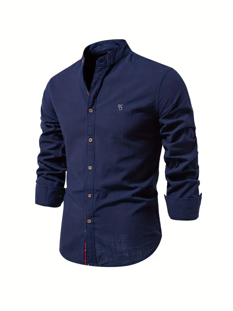 Slim-Fit Casual Long-Sleeve Mao Collar Shirt for Men