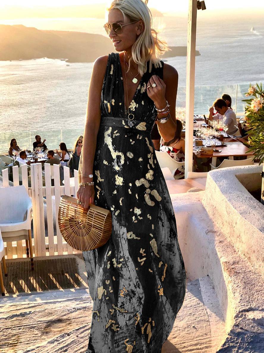Vestido largo con lentejuelas cuello en V sin mangas