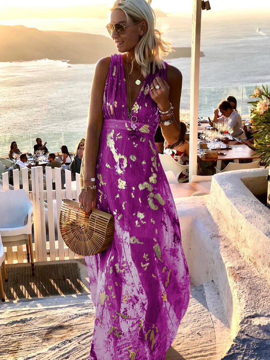 Vestido largo con lentejuelas cuello en V sin mangas