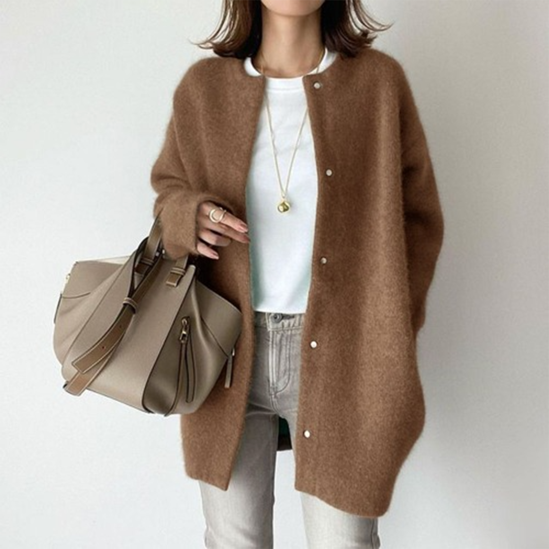 Women’s Long Relaxed-Fit Cardigan with Front Button Closure