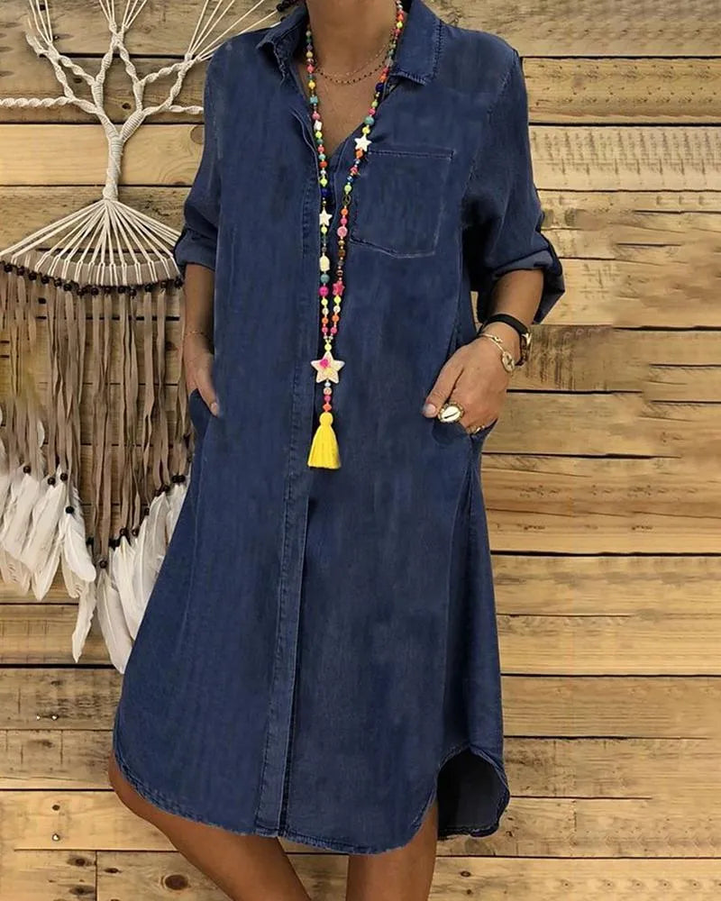 Robe Chemise Casual en Denim avec Coupe Décontractée, Col Classique et Poches Pratiques