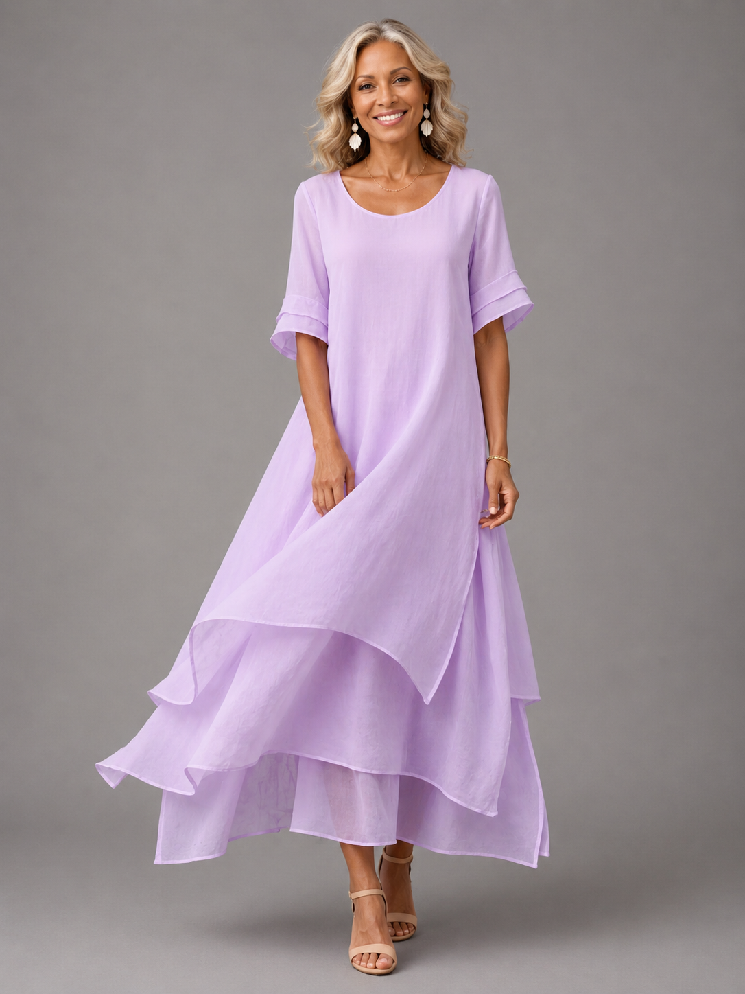 Women's Long Fluid Dress with Ruffles and Flared Cut