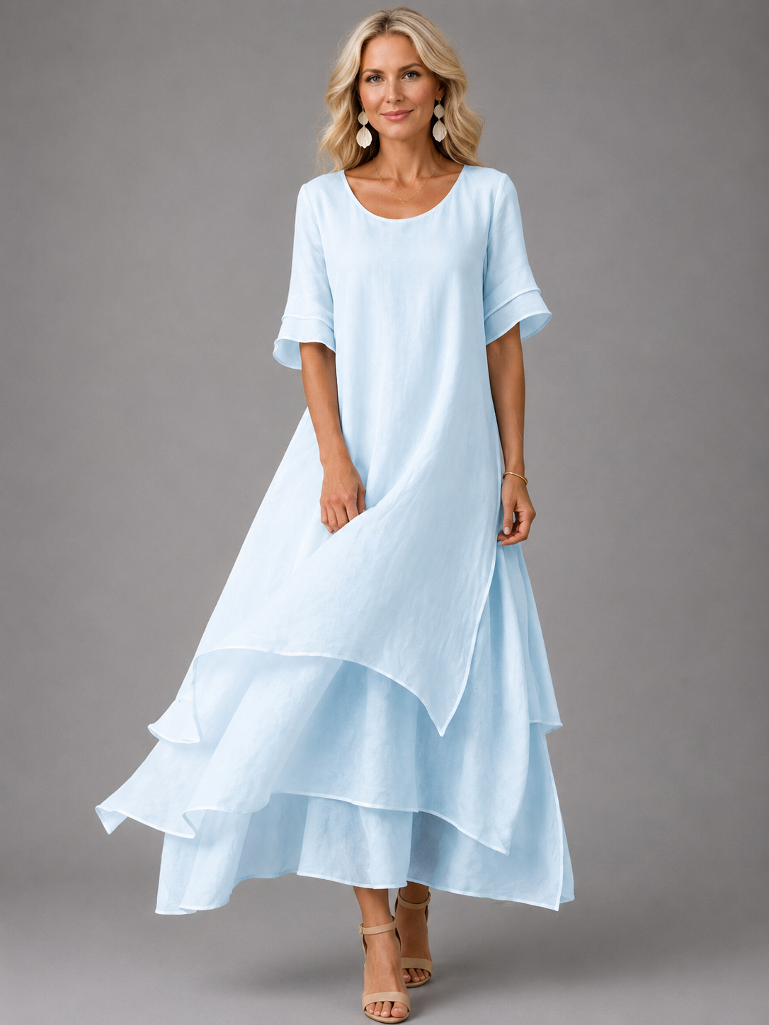 Women's Long Fluid Dress with Ruffles and Flared Cut