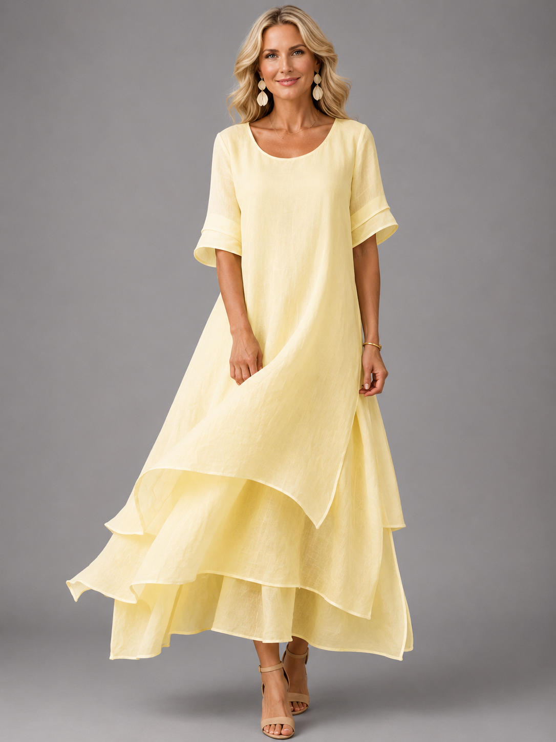 Women's Long Fluid Dress with Ruffles and Flared Cut