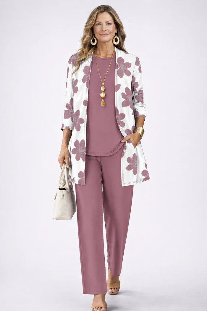 Elegant Women's 3-Piece Set with Printed Cardigan
