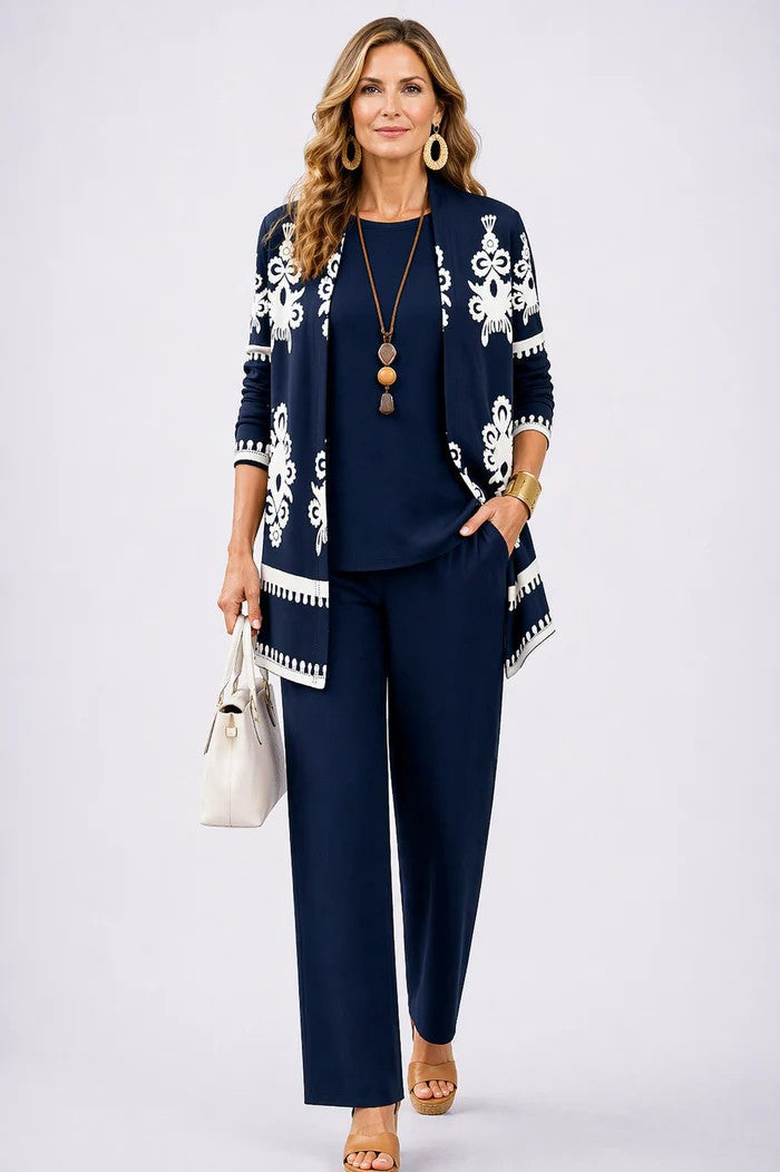 Elegant Women's 3-Piece Set with Printed Cardigan