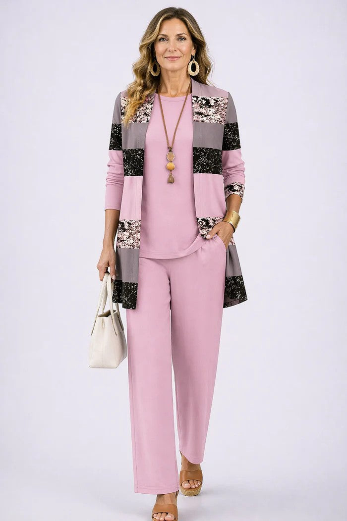 Elegant Women's 3-Piece Set with Printed Cardigan