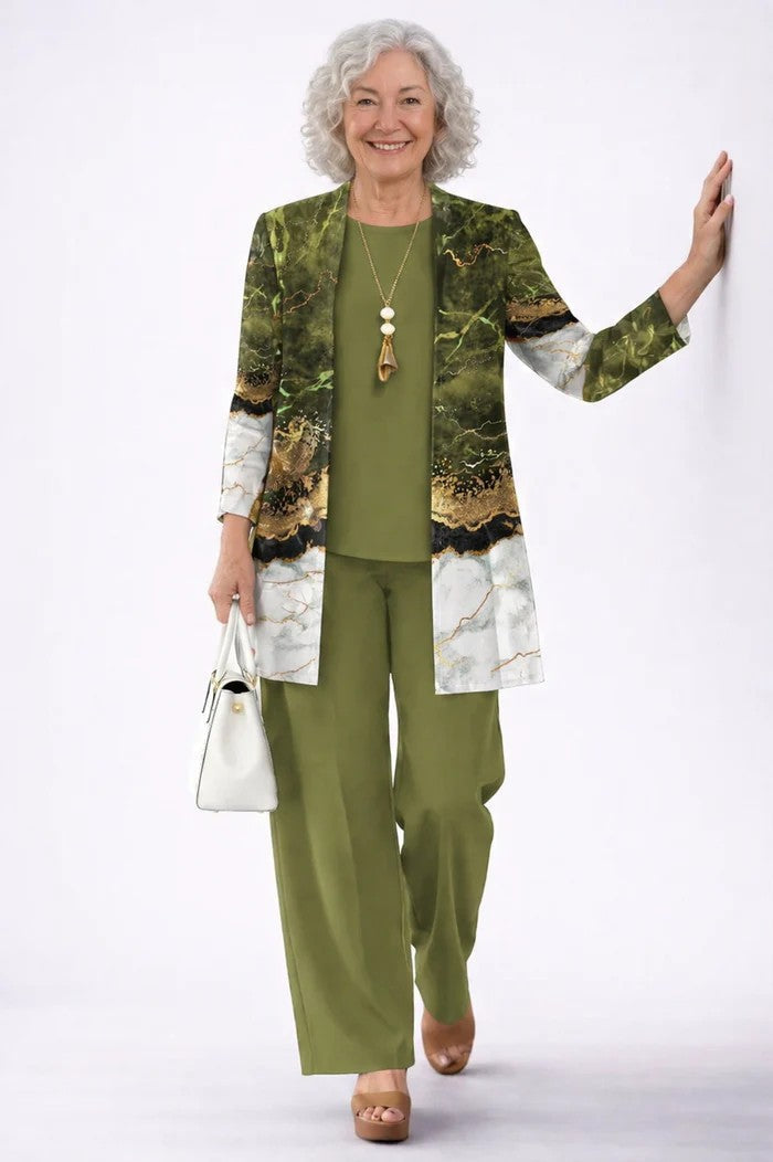 Elegant Women's 3-Piece Set with Printed Cardigan