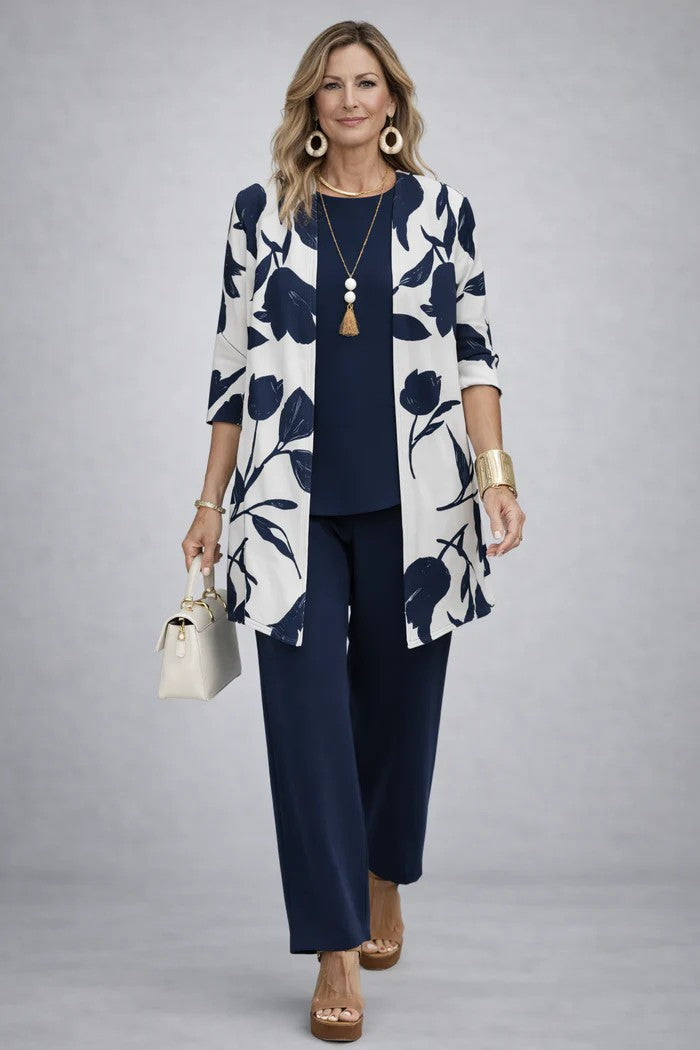 Elegant Women's 3-Piece Set with Printed Cardigan