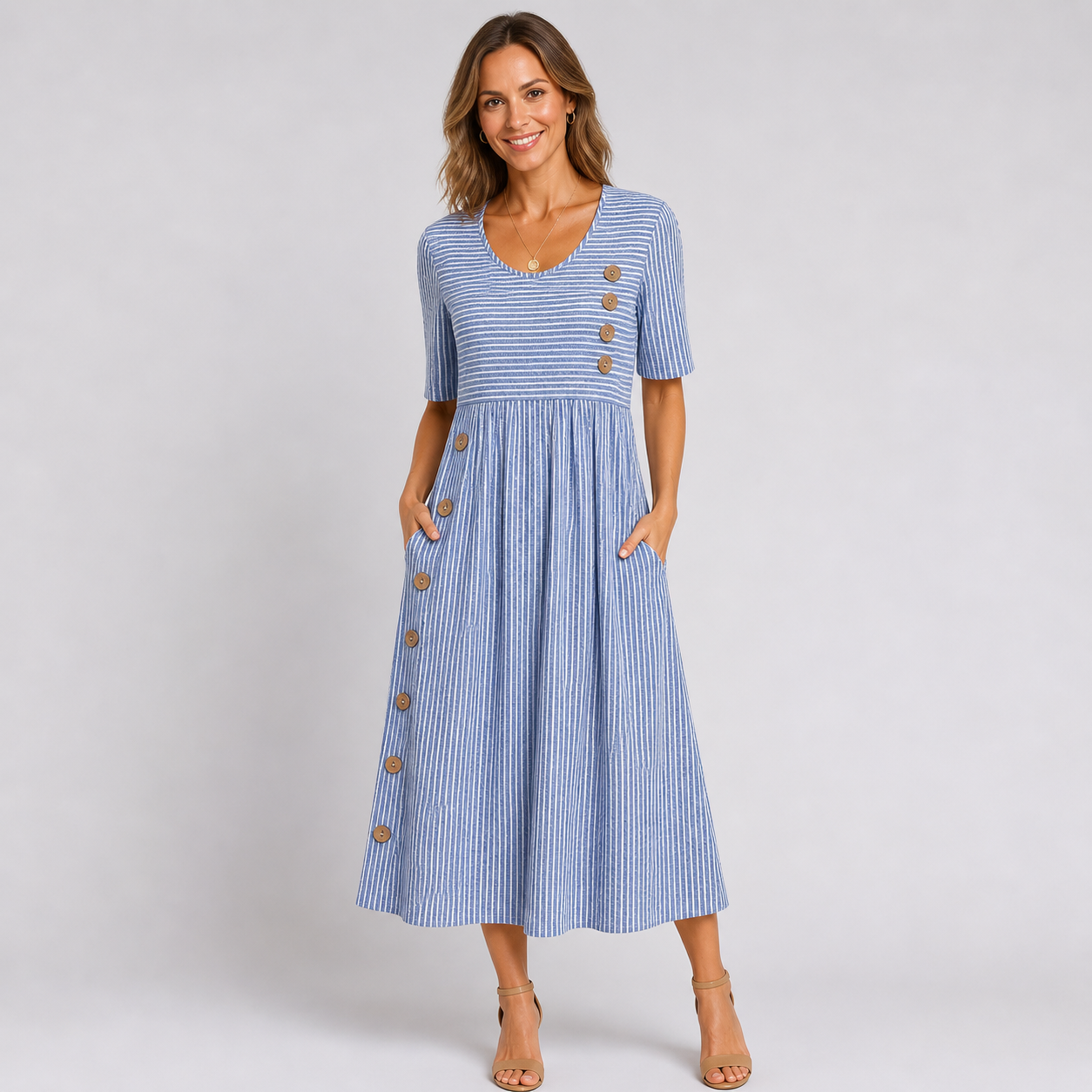 Robe Midi Rayée pour Femme Décontractée Élégante à Boutons