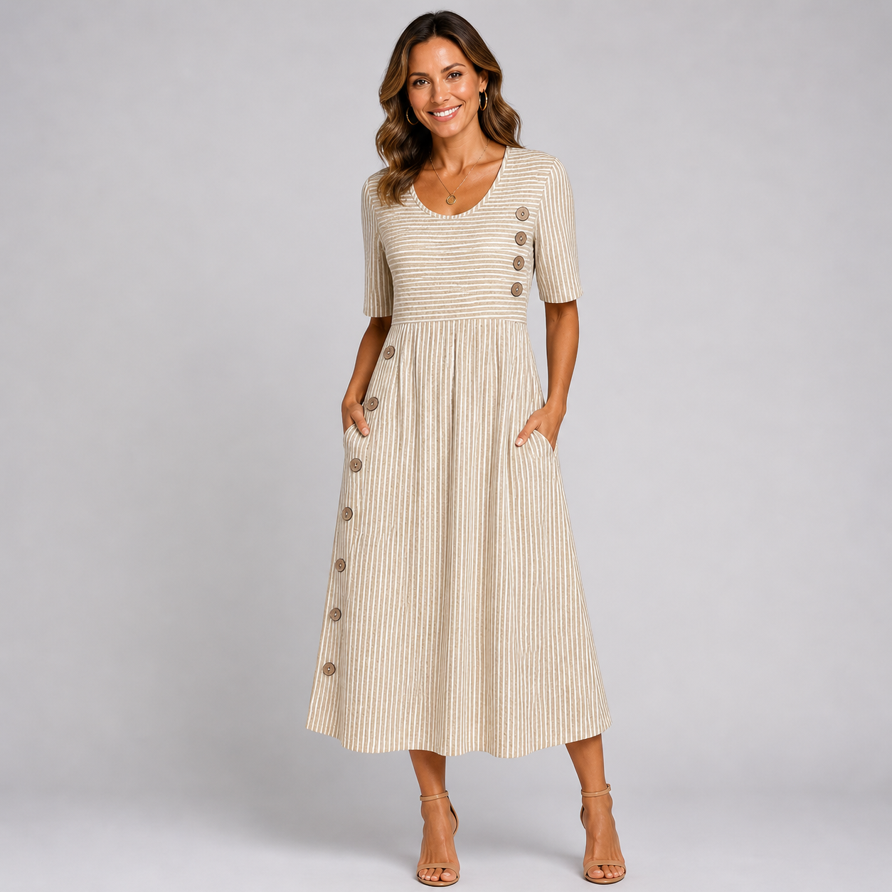 Robe Midi Rayée à Boutons Décoratifs et Poches
