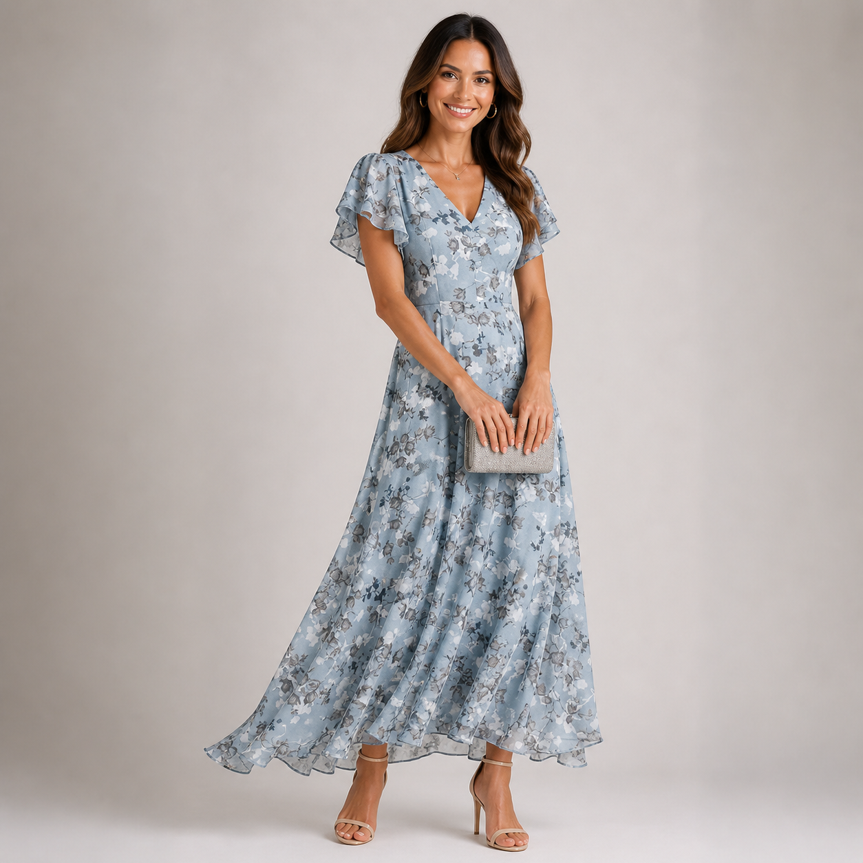 Robe Maxi Fleurie à Volants Longue Col V à Coupe Fluide Féminine