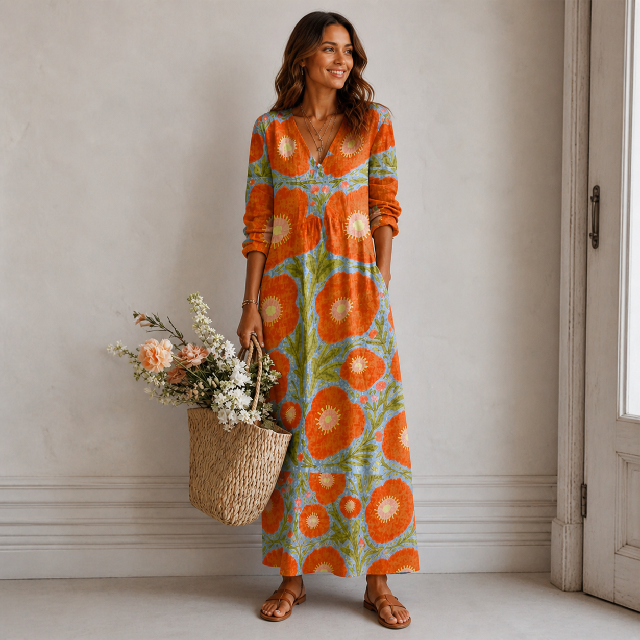 Robe Maxi Bohème Fleurie à Col V Longue Décontractée au Style Vintage Élégant