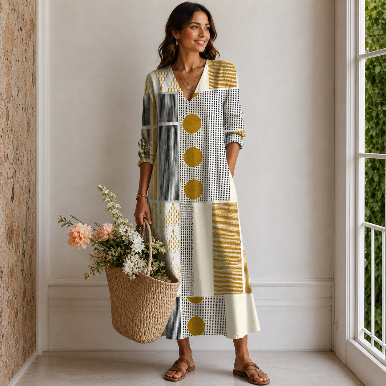 Robe Maxi Patchwork à Motifs Géométriques et Coupe Fluide pour Femme