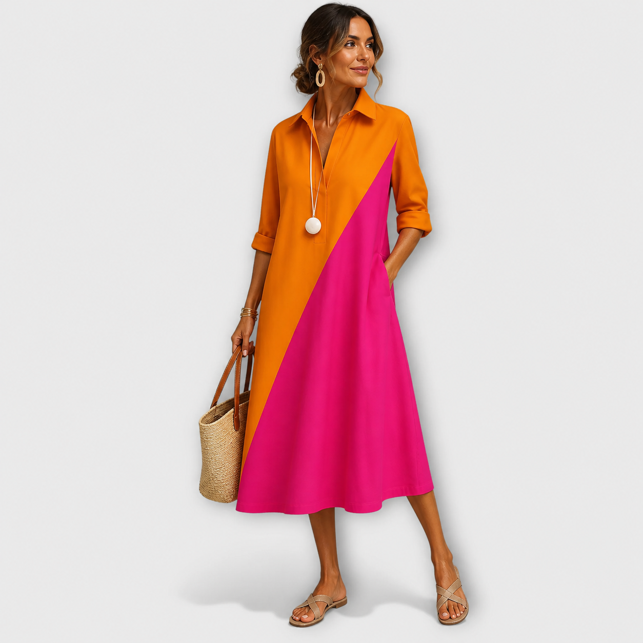 Robe Midi Color Block à Col Chemise et Coupe Fluide pour Femme