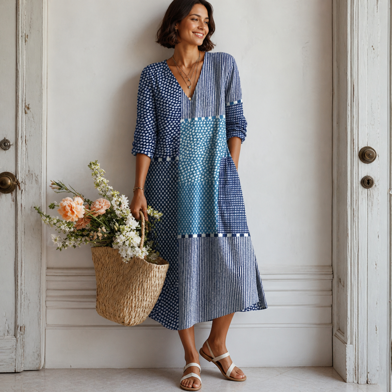Robe Midi Patchwork Bleue Femme à Col V Bohème Décontractée