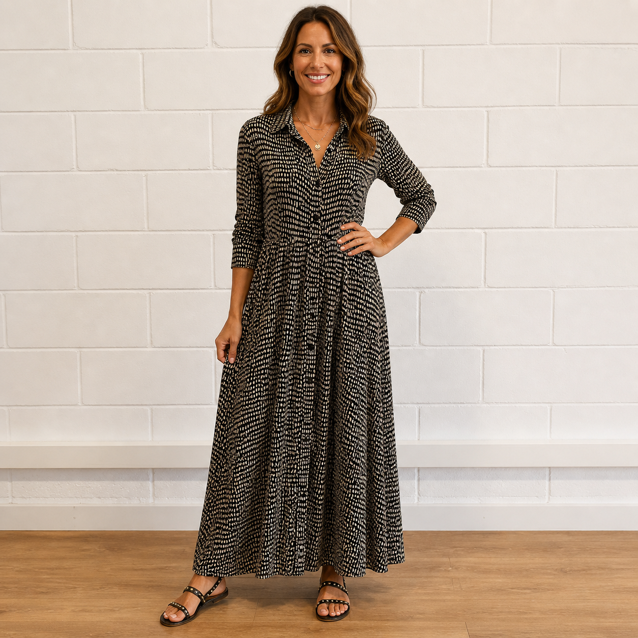 Robe Maxi Femme à Imprimé Abstrait et Col Chemise Élégant